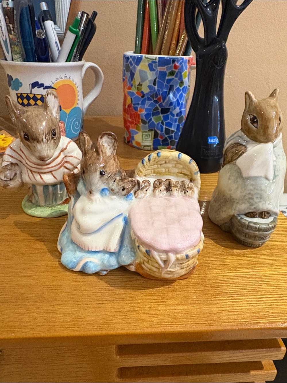 Hand-Painted Ceramic Small Pets Figurine Set in Pink & Blue